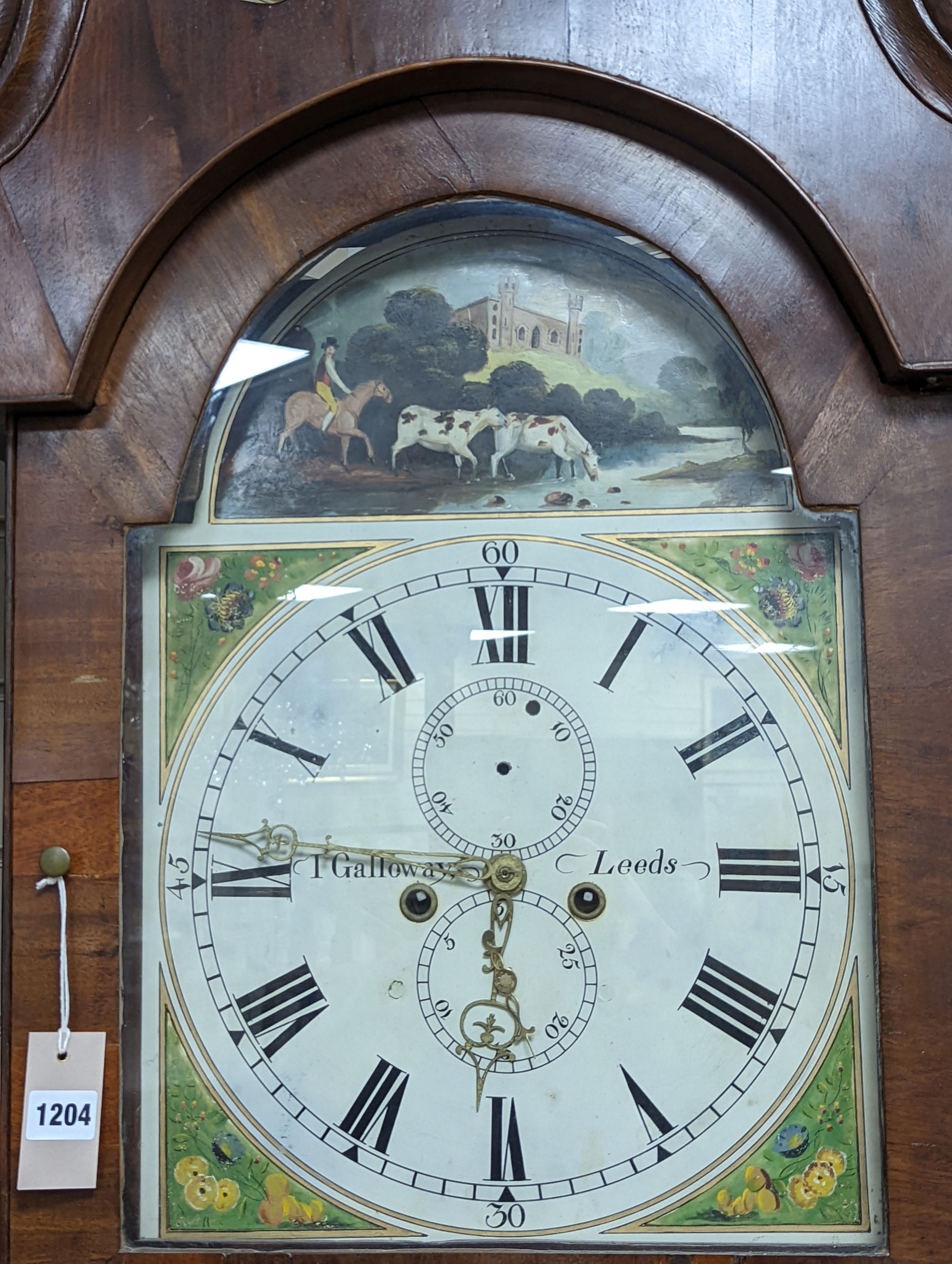 Galloway of Leeds. An early 19th century mahogany and oak 8 day longcase clock, with painted dial, height 233cm